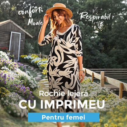 👗 Rochie elegantă lejeră cu imprimeu cu guler rotund pentru femei