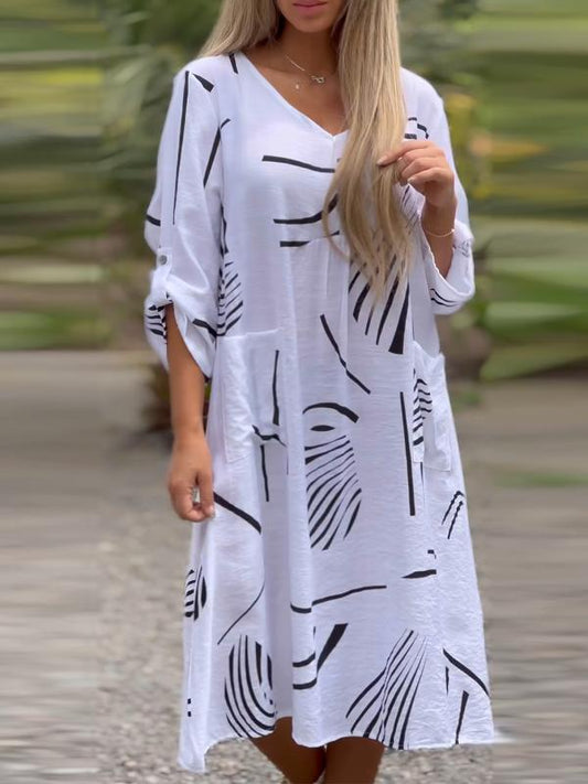 💃Rochie la modă și elegantă cu decolteu în V din bumbac și in