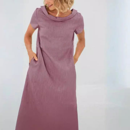 Rochie casual de damă cu mânecă scurtă, din material bumbac și in, în cel mai nou stil