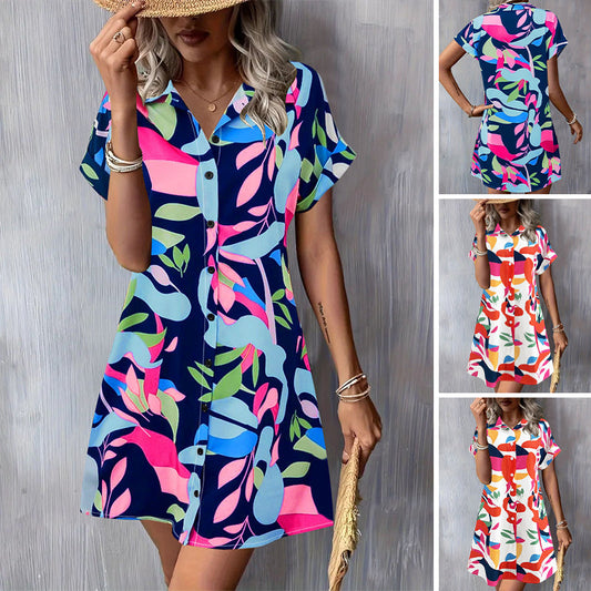 👗 Rochie cu mânecă scurtă cu buton imprimat