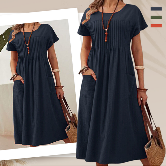 👗Rochie plisată pentru femei cu mâneci scurte și buzunare💃