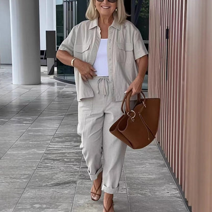 💖Ținută din bumbac și in – tricou și pantaloni comozi, perfectă pentru vară