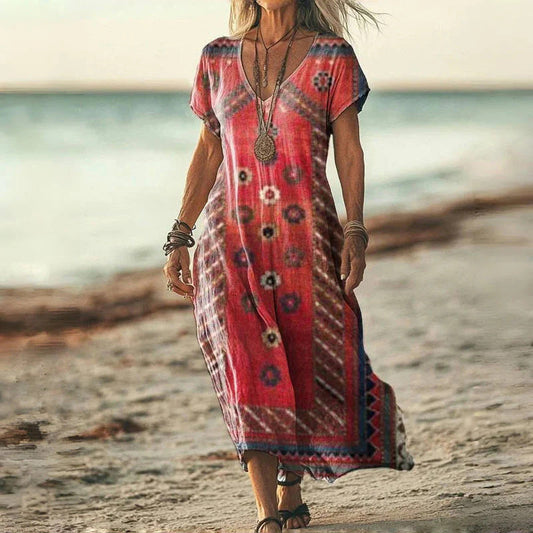 👗 Femei imprimate V-Neck scurtă maneca rochie lungă