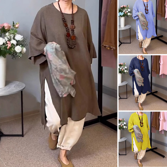 Bumbac din lenjerie rotund gât Split Seven Sleeve Top