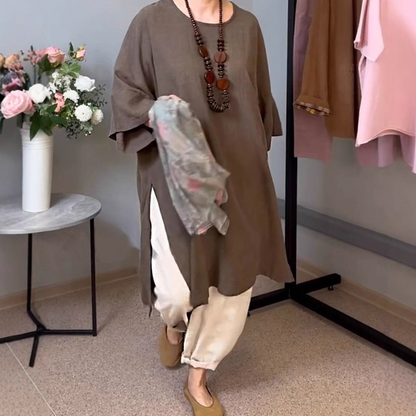 Bumbac din lenjerie rotund gât Split Seven Sleeve Top