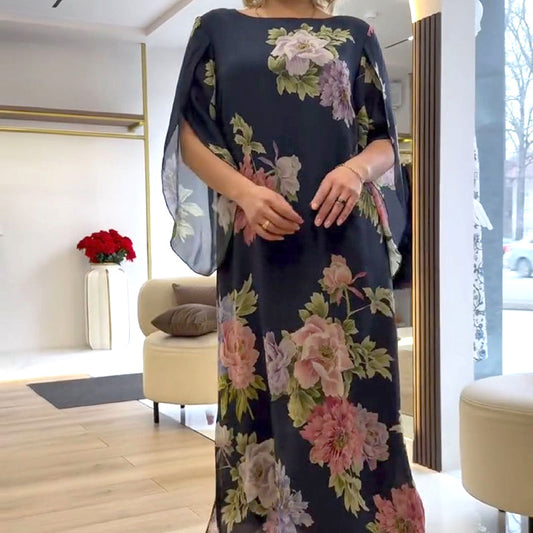 Rochie lungă imprimată cu gât rotund elegant pentru femei