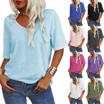 🔥Oferta specială a săptămânii🔥Tricou cu decolteu V de culoare solidă pentru femei