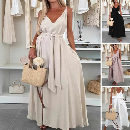 Rochie maxi cu curea spaghetti pentru femei cu cravată în talie