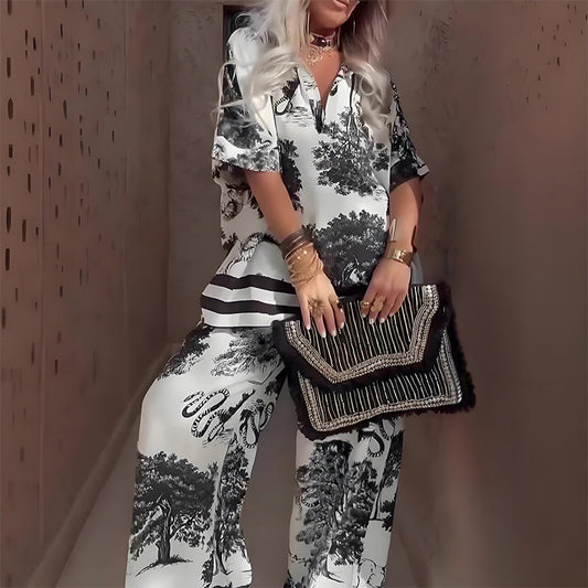 Set de bluză cu imprimeu și pantaloni lungi pentru femei, cu decolteu în V
