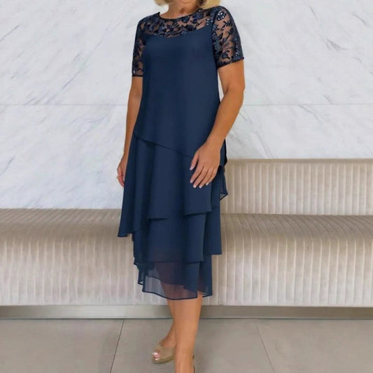 Rochie midi din plasă stratificată pentru femei, cu croi în A